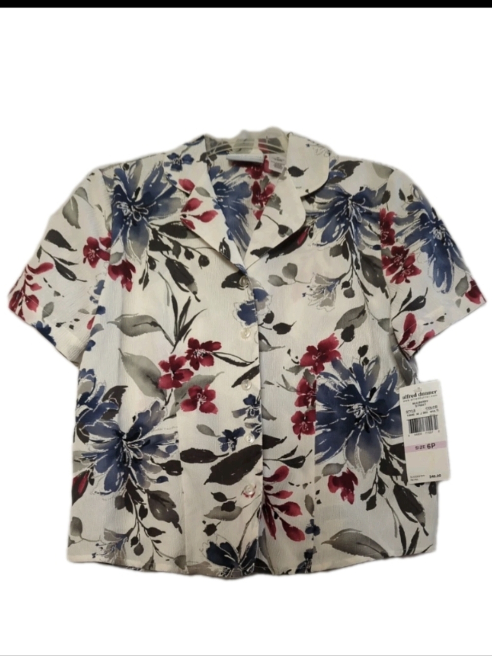 Alfred Dunner White and Blue Floral  Blouse Short Sleeve Size P6 New With Tags